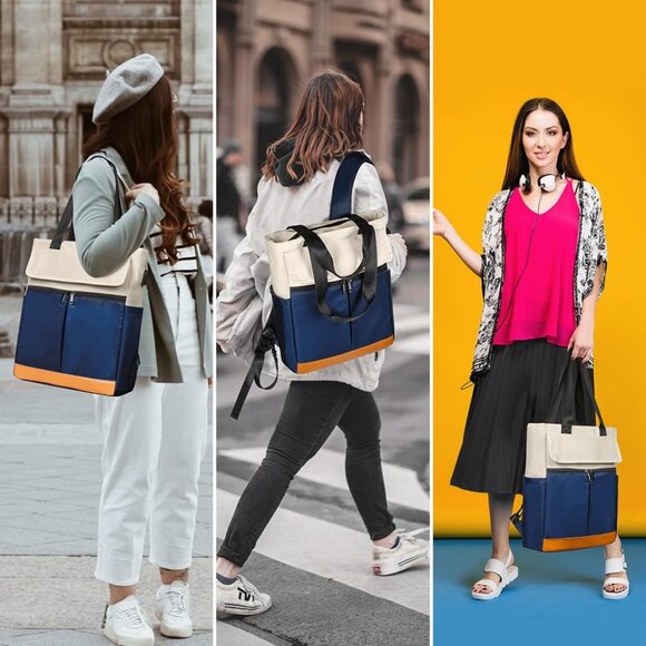 Women Blue Convertible Daypack Laptop Computer Backpack with USB Charging Port main image 6